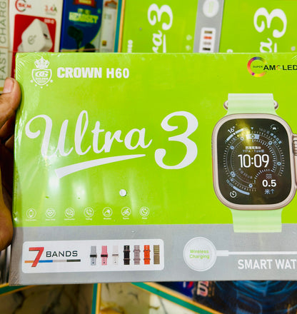 Crown H60 Ultra 3 Smartwatch – 49mm HD Full Touch Display with 3 Interchangeable Premium Straps, Bluetooth Calling & Wireless Charging