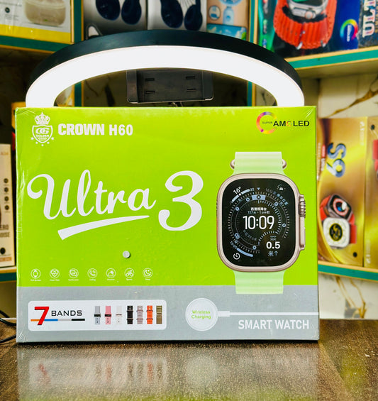 Crown H60 Ultra 3 Smartwatch – 49mm HD Full Touch Display with 3 Interchangeable Premium Straps, Bluetooth Calling & Wireless Charging