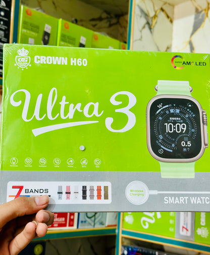 Crown H60 Ultra 3 Smartwatch – 49mm HD Full Touch Display with 3 Interchangeable Premium Straps, Bluetooth Calling & Wireless Charging