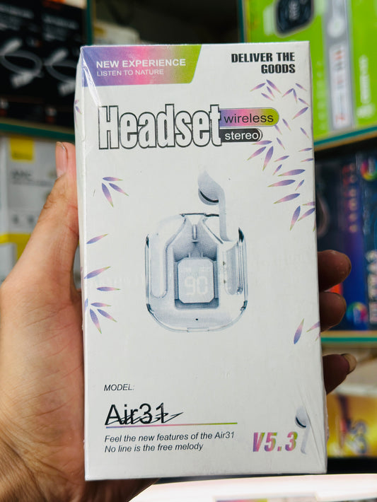 Air31 Wireless Earbuds – Transparent Crystal Design TWS Bluetooth 5.3 Headphones with ENC Noise Cancellation, HiFi Stereo, Touch Control & LED Power Display